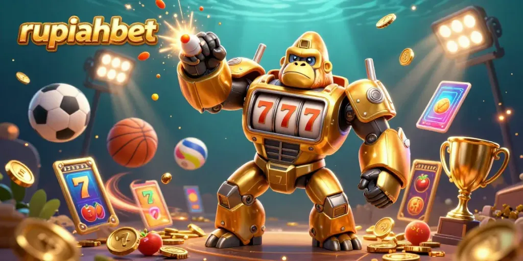Experience excitement with the rupiahbet golden gorilla mech surrounded by dynamic game elements and sports balls.