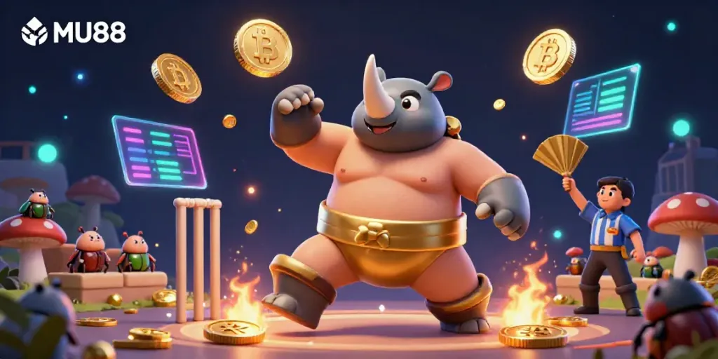 Experience the thrill of MU88 as a powerful sumo beetle champion stomps, sending coins flying amidst exciting casino action.