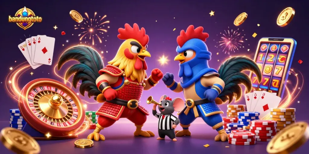 Engage in thrilling cockfighting action with bandungtoto featuring vibrant 3D roosters and casino elements.
