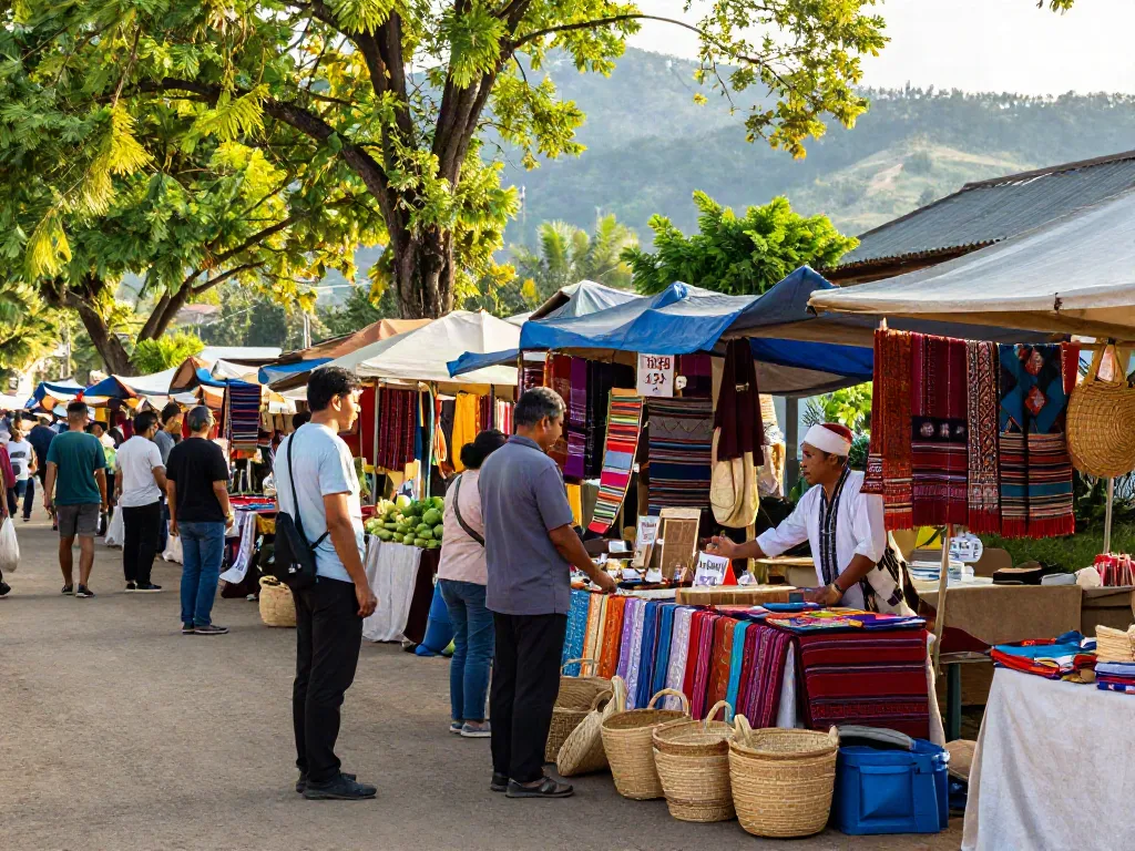 Tampilan pasar luar ruangan yang ramai dengan berbagai kerajinan dan sayuran segar, menciptakan suasana budaya.