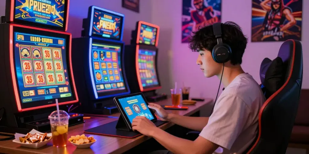 Engaging young adult enjoying Seributoto on tablet amidst a lively gaming setup.