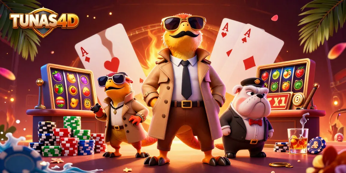 Experience TUNAS4D thrills as cartoon raptors sneak into a casino, surrounded by vibrant slots and poker elements.