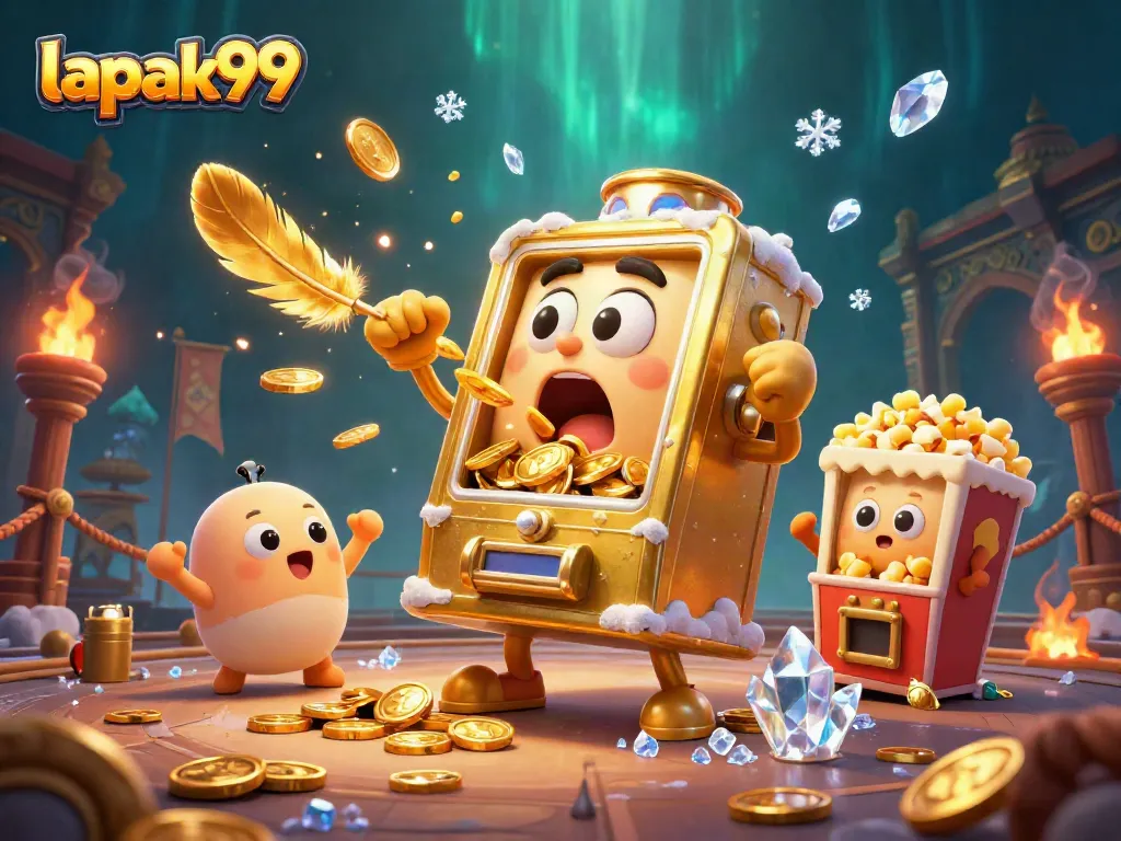 lapak99 slot machine wins big as coins spill out, surrounded by baby slots and popcorn machine