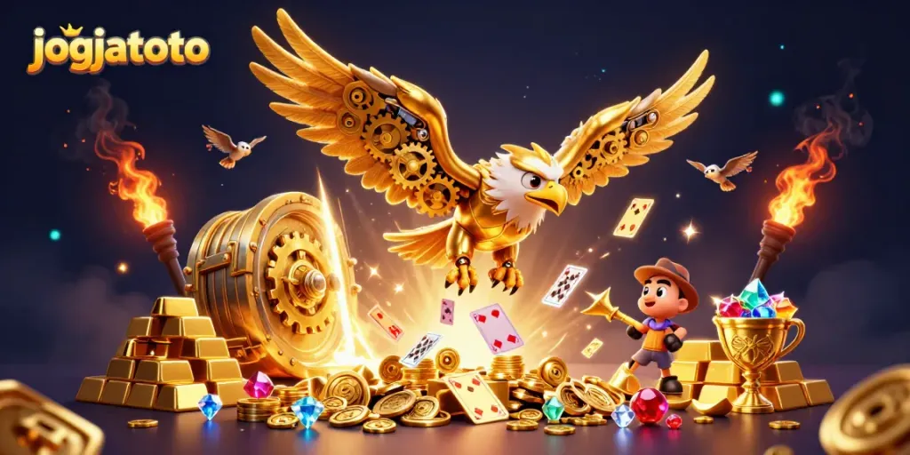 Experience the thrill of jogjatoto with a dynamic 3D illustration of golden eagle diving through casino elements.