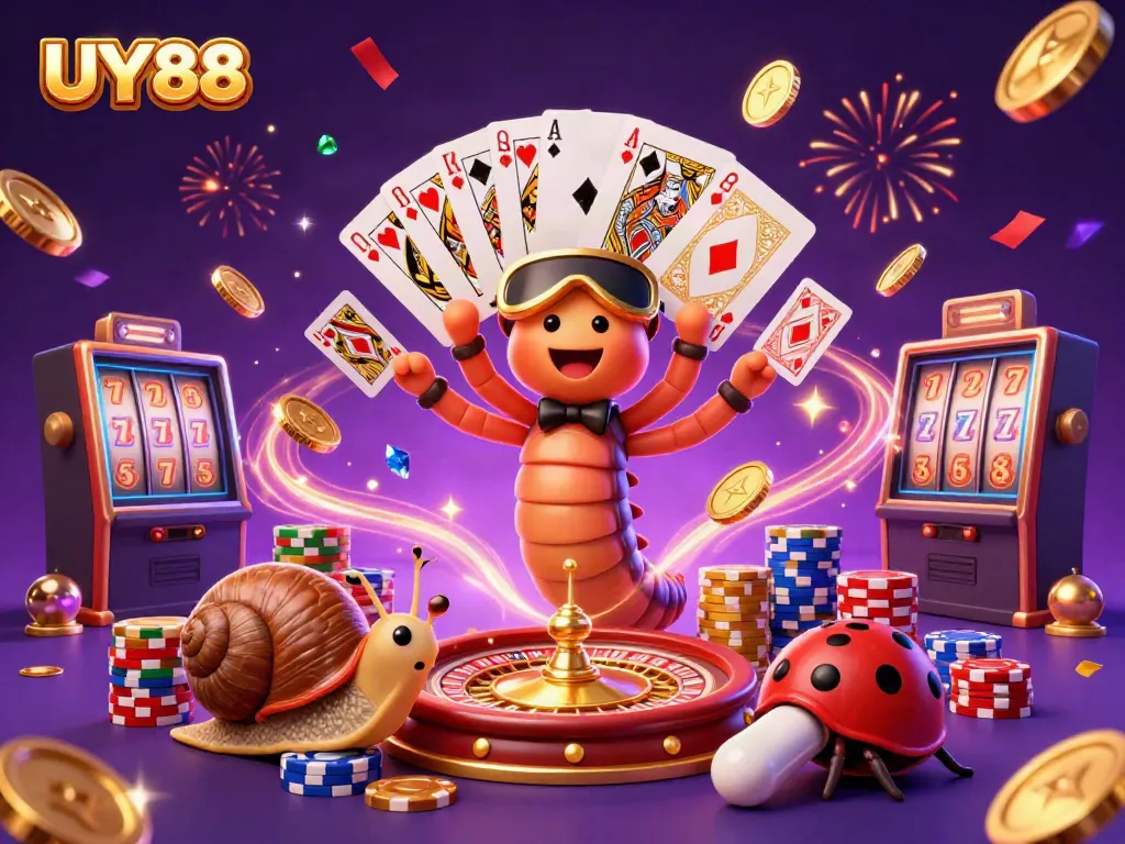 Spin and win at UY88 casino with a thrilling 3D illustration featuring vibrant characters and dynamic gaming elements.