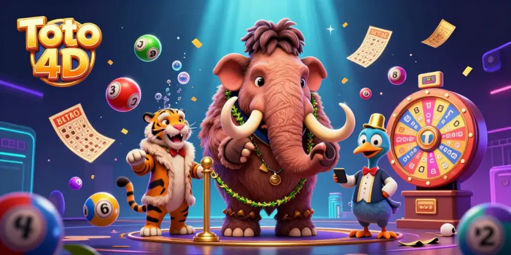 Gambar Toto 4D menampilkan karakter kartun di kasino dengan latar belakang gelap dan elemen warna-warni.