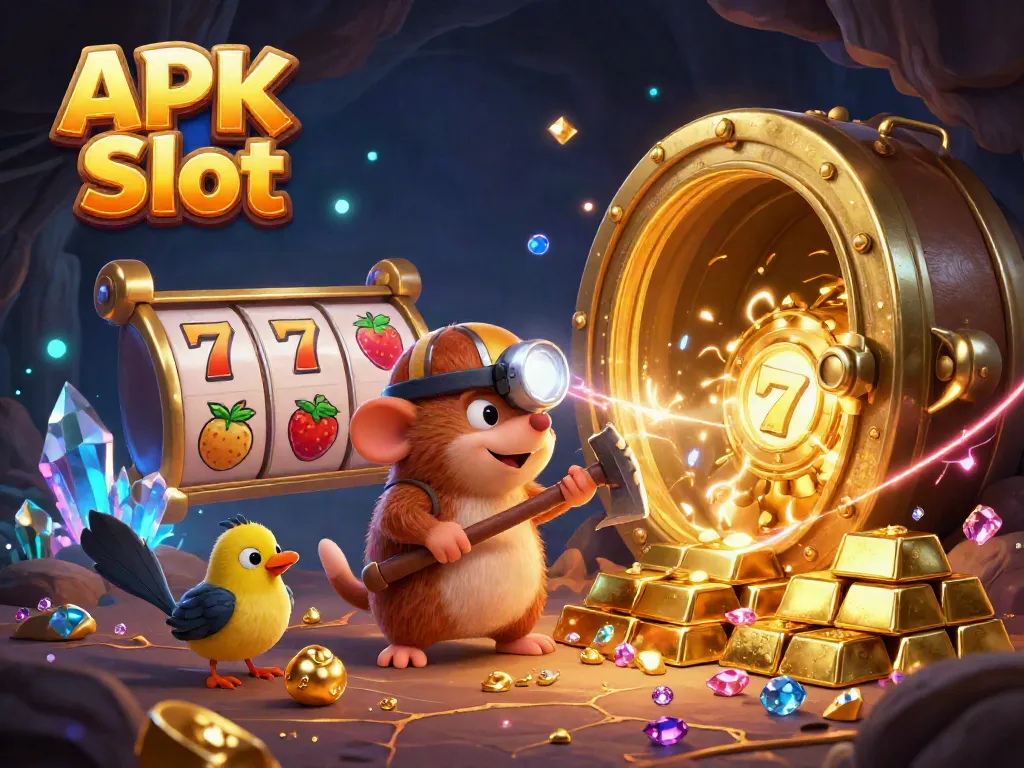 Engage in thrilling fun with APK Slot, an enchanting treasure-filled adventure showcasing lively characters and dazzling casino-style imagery.