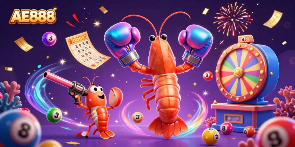 Experience the excitement at AE888 with vibrant lottery elements and dynamic characters celebrating gaming.