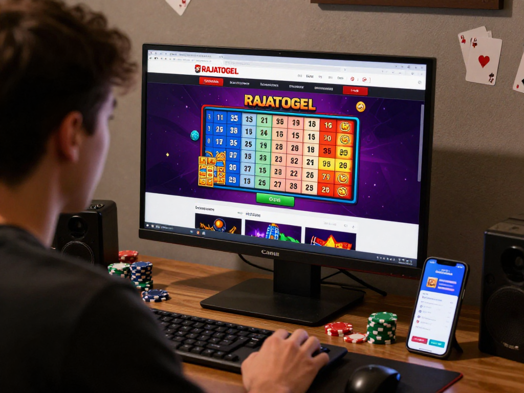 Pengguna RAJATOGEL bermain togel online dengan antusias, dikelilingi dekor tema kasino.