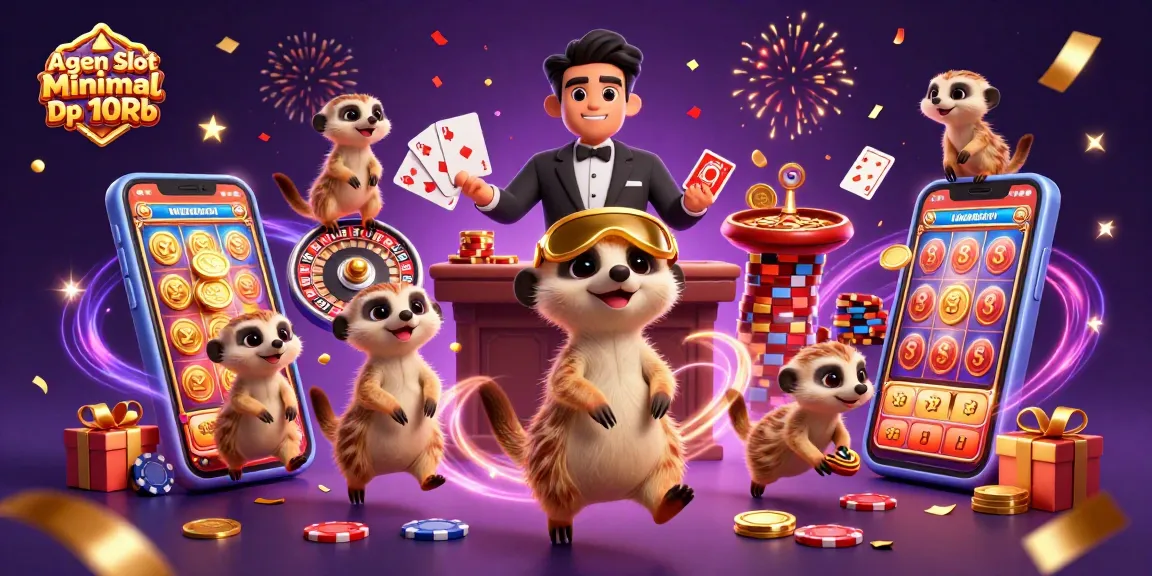 Agen Slot Minimal Dp 10Rb showcases meerkats managing a vibrant casino, engaging with slot games and dynamic betting elements.