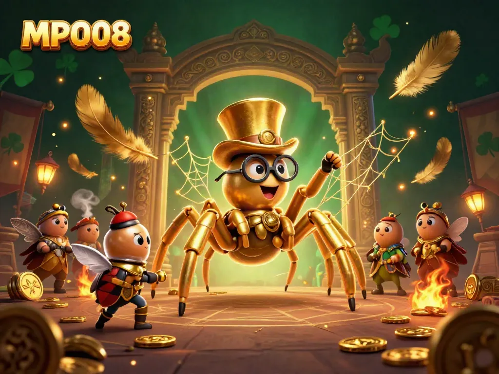 MPO08 showcases a dynamic illustration of a golden tarantula weaving a web between casino pillars, symbolizing the thrilling gambling experience.