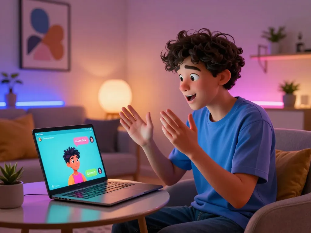 Interactive nsfw chat scene with user and animated AI character in a cozy room