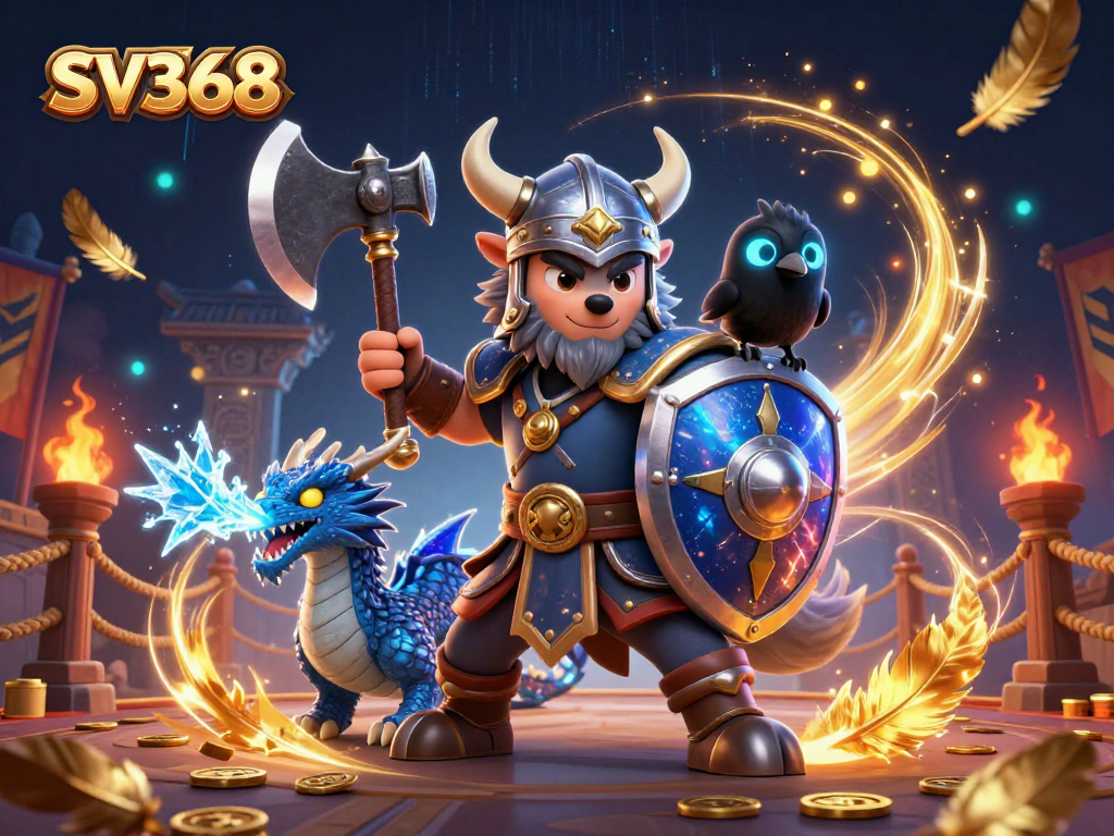 Engage in betting adventures at SV368 with a Viking warrior, dragon, and vibrant casino elements.