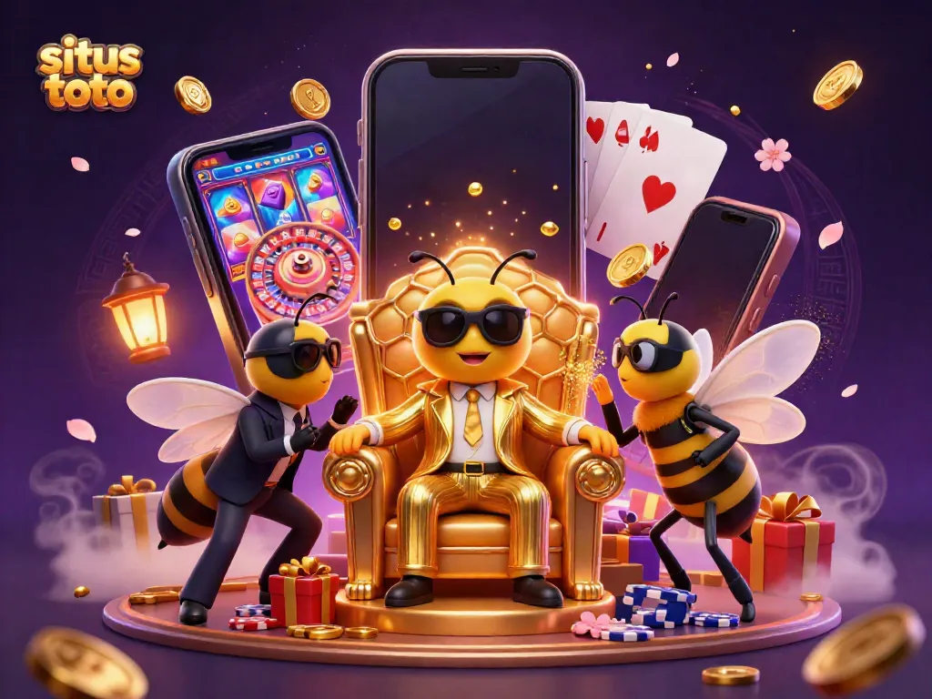 Engage with situs toto through an exciting 3D illustration of a bee mob boss and casino elements.