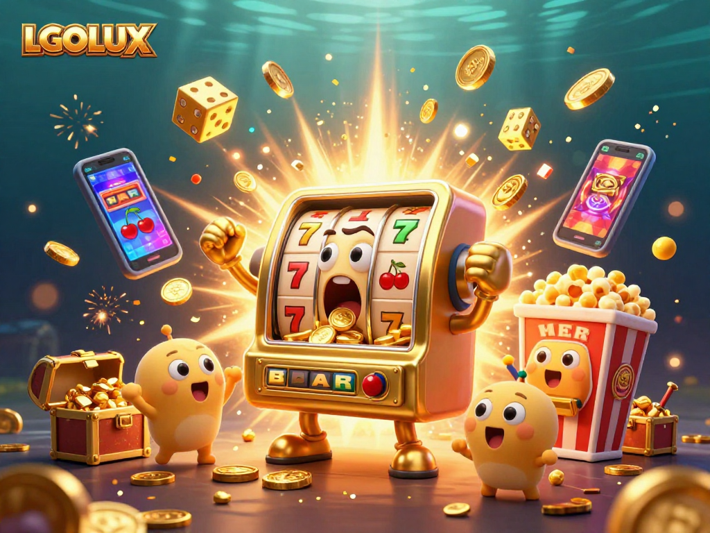 LGOLUX animated slot machine celebrates winning with coins flying, showcasing a vibrant casino atmosphere.