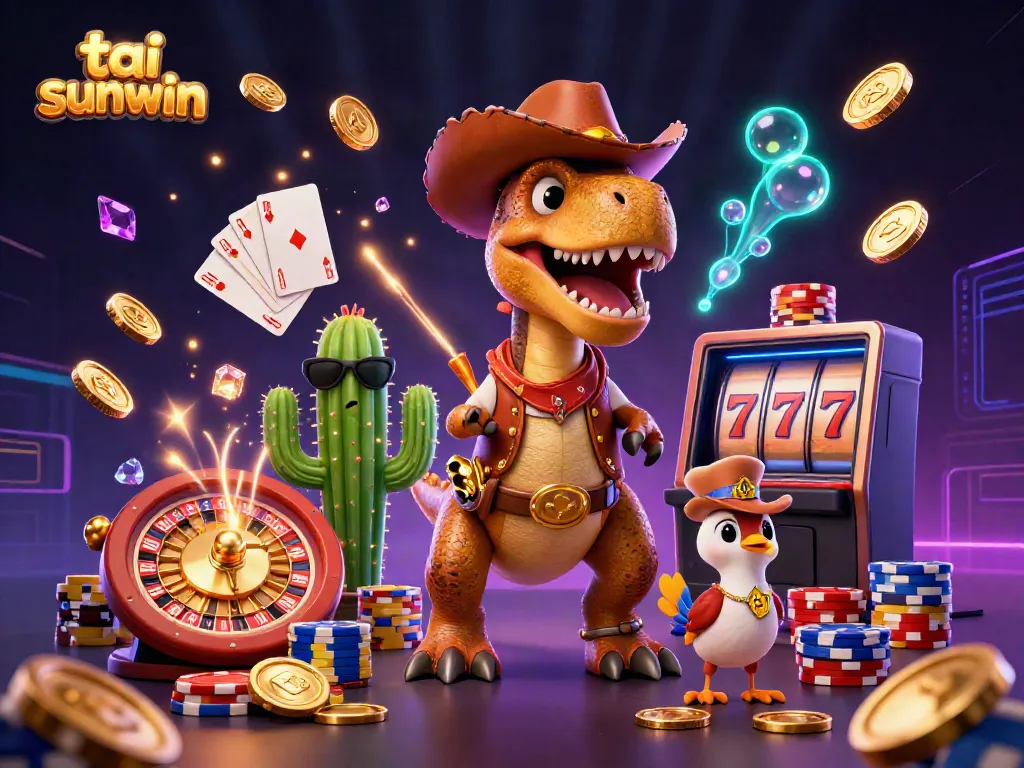 Experience fun gaming moments with tai sunwin featuring a T-Rex cowboy, cactus sidekick, and roadrunner in a vibrant casino scene.