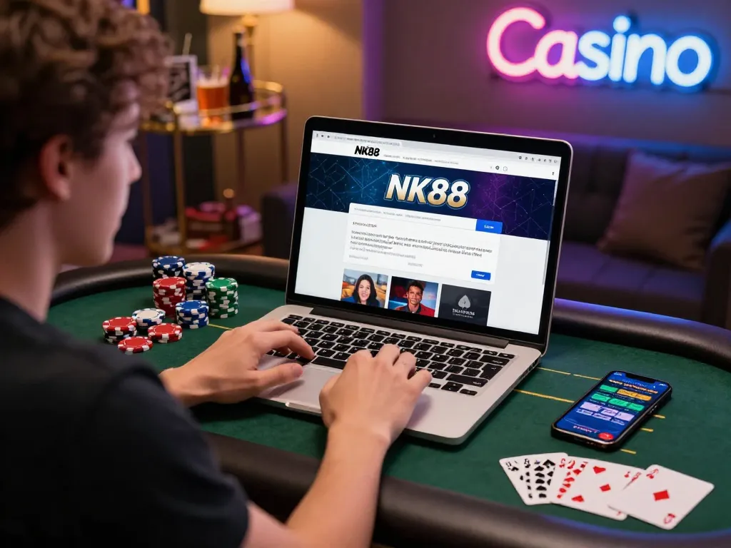 Excited user engaging with the nk88 link on their laptop in a cozy gaming room.