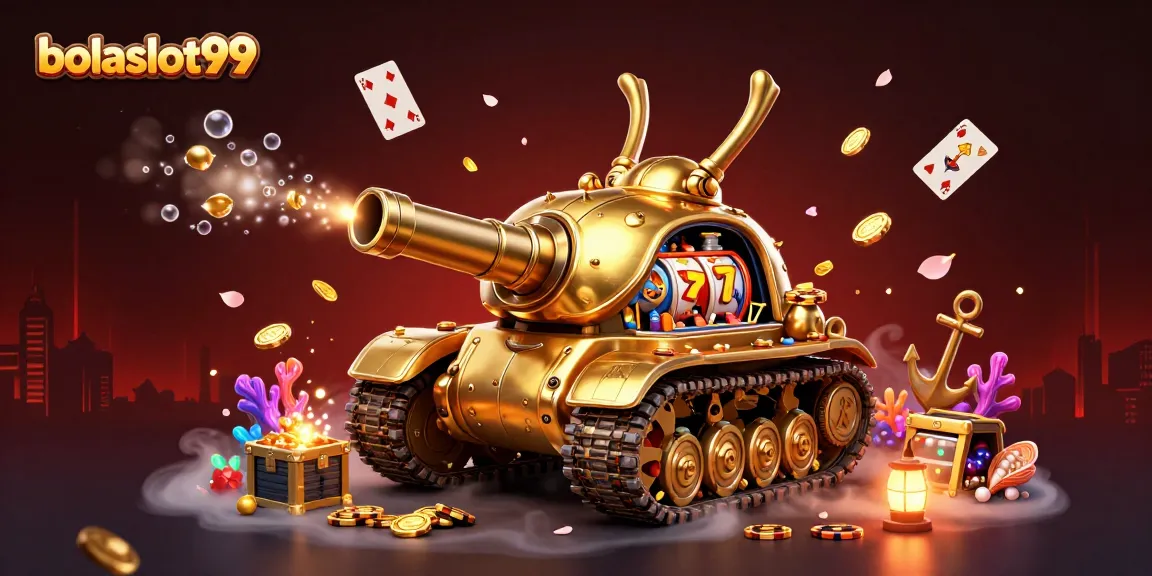 Bolaslot99 features a golden beetle tank casino amidst vibrant treasures and cards.