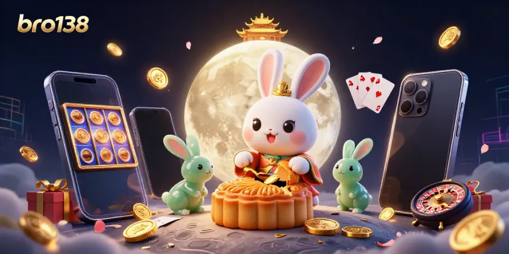Engage with bro138, the vibrant online casino world, where a moon rabbit unveils hidden poker chips.