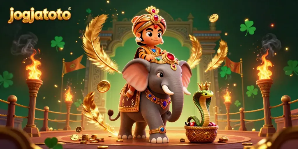 Engage with jogjatoto in an exciting 3D digital illustration featuring a maharaja tiger and a jewel-encrusted elephant in a vibrant gambling scene.