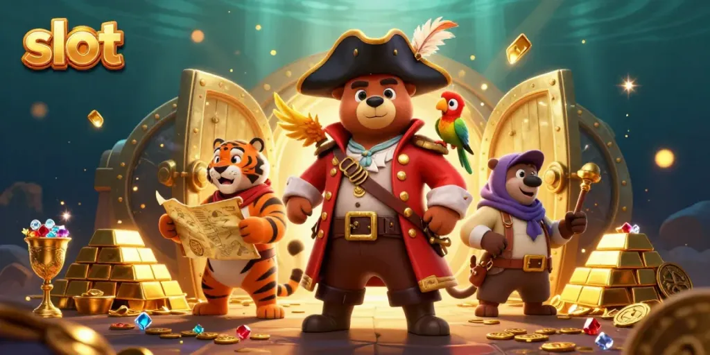 Menggairahkan slot dengan pemandangan petualangan 3D, menampilkan beruang kapten bajak laut dan teman harimau mencari jackpot.