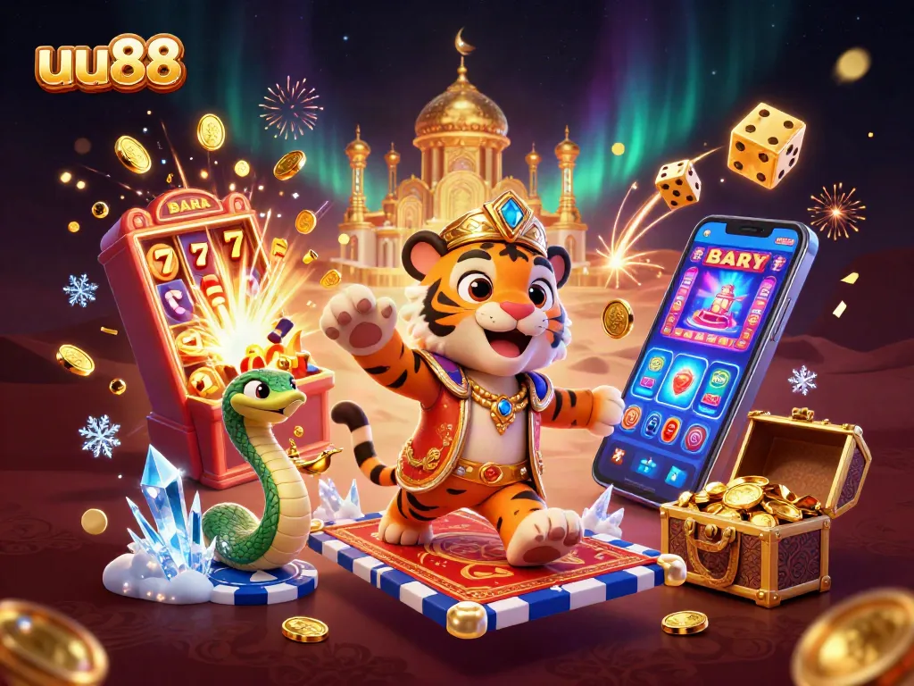 Win big with uu88 as the tiger sultan spins a jackpot slot machine surrounded by treasure!