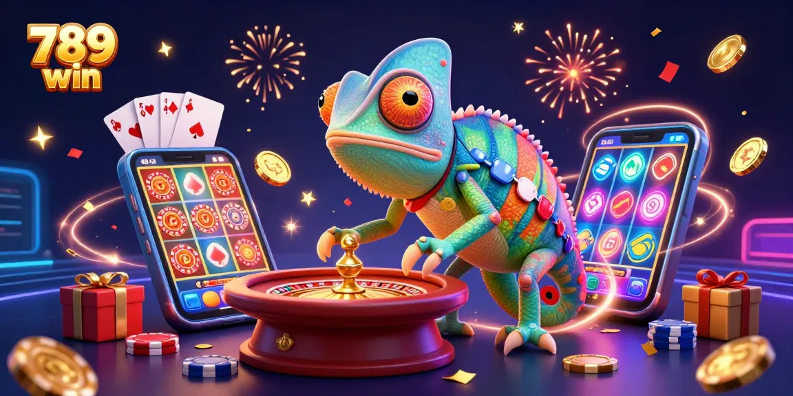 Win big with 789 win as the colorful chameleon casino owner playfully captures golden coins.