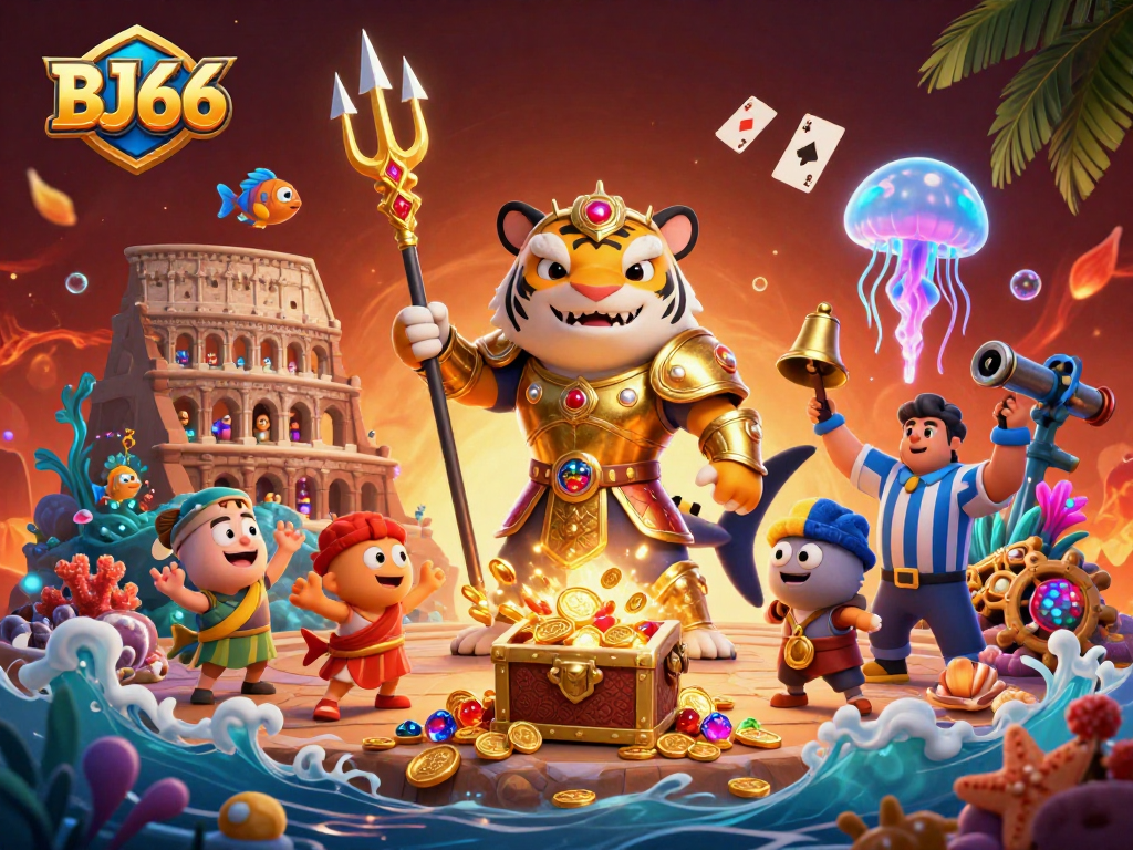 Experience thrilling gambling action at BJ66 with the dynamic shark gladiator battle scene.