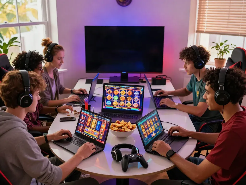 Group of friends enjoying slot online games in a modern living room filled with vibrant lights and gaming gear.