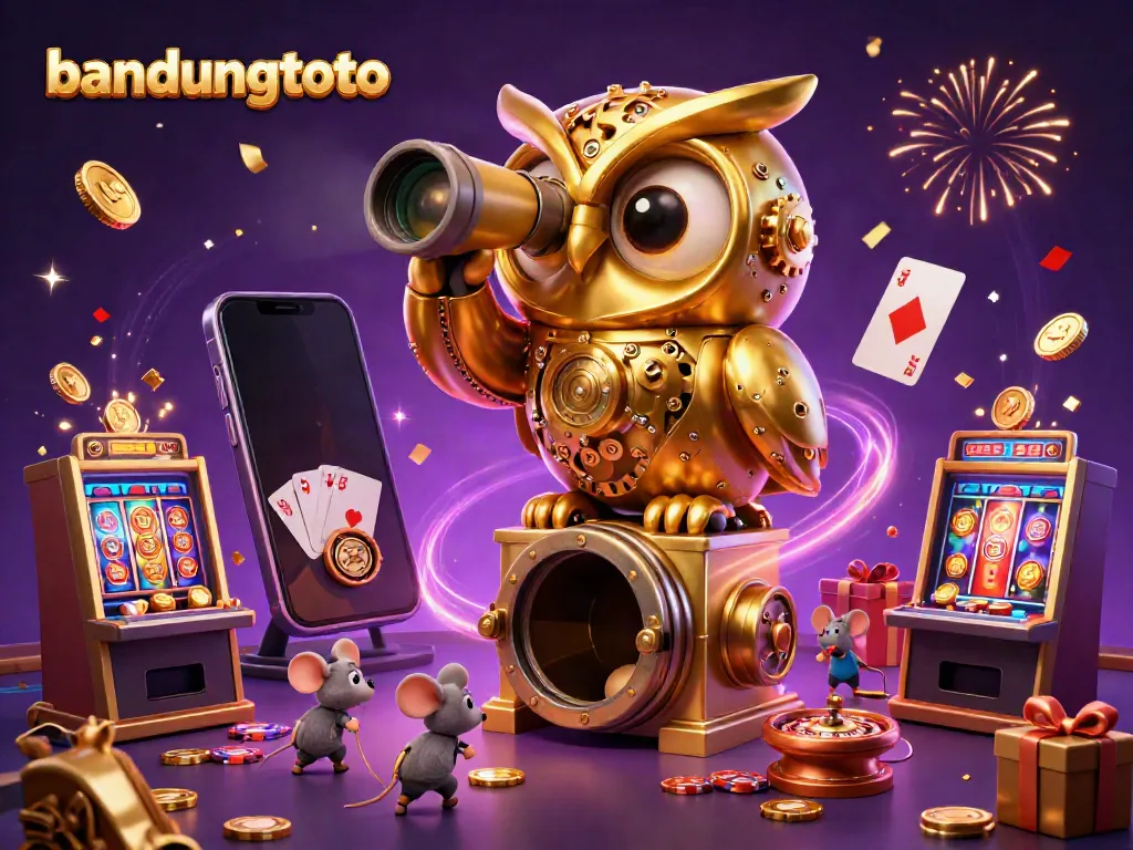 Engage with bandungtoto's vibrant casino world featuring a golden owl, vibrant slot games, and joyful energy.