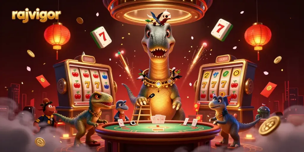 Experience the excitement of rajavigor with vibrant gaming scenes including slots, cards, and dynamic casino elements.