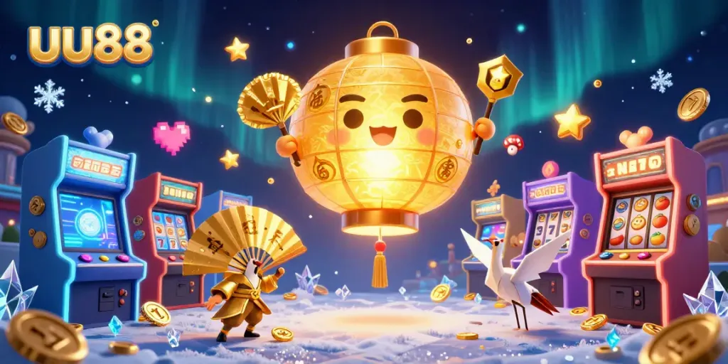 Experience the vibrant world of gaming at uu88 casino, featuring a magical lantern spirit amidst dynamic slot and arcade elements.