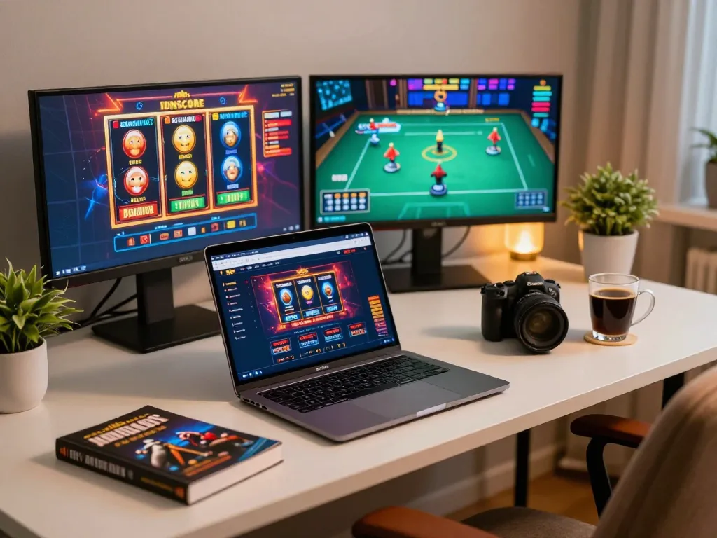 IDNSCORE gaming interface on a laptop reflecting exciting online gambling in a cozy home setup.