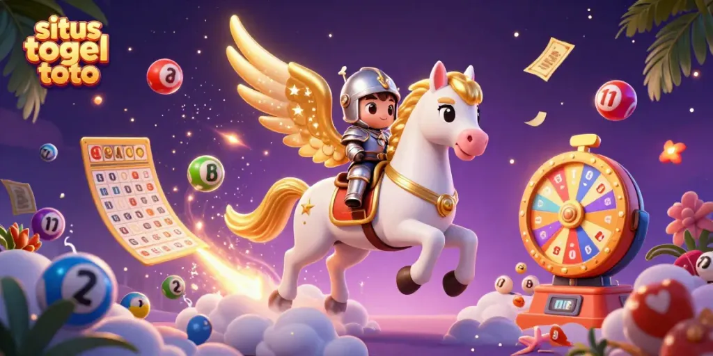 Gambarkan situs togel toto dengan bola lotere berwarna dan kuda ajaib yang menyenangkan.