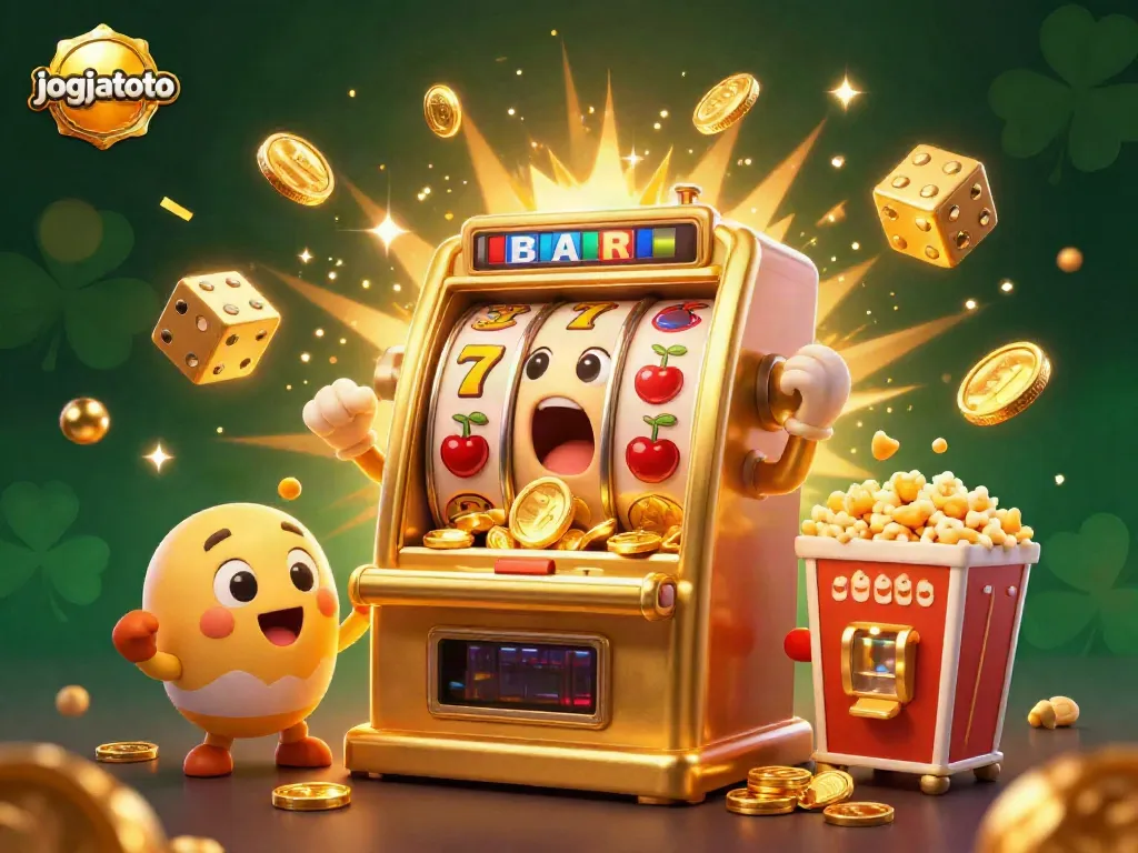 Experience the excitement of jogjatoto with a golden slot machine celebrating its jackpot as coins pour out, surrounded by cheering baby slots and festive decorations.