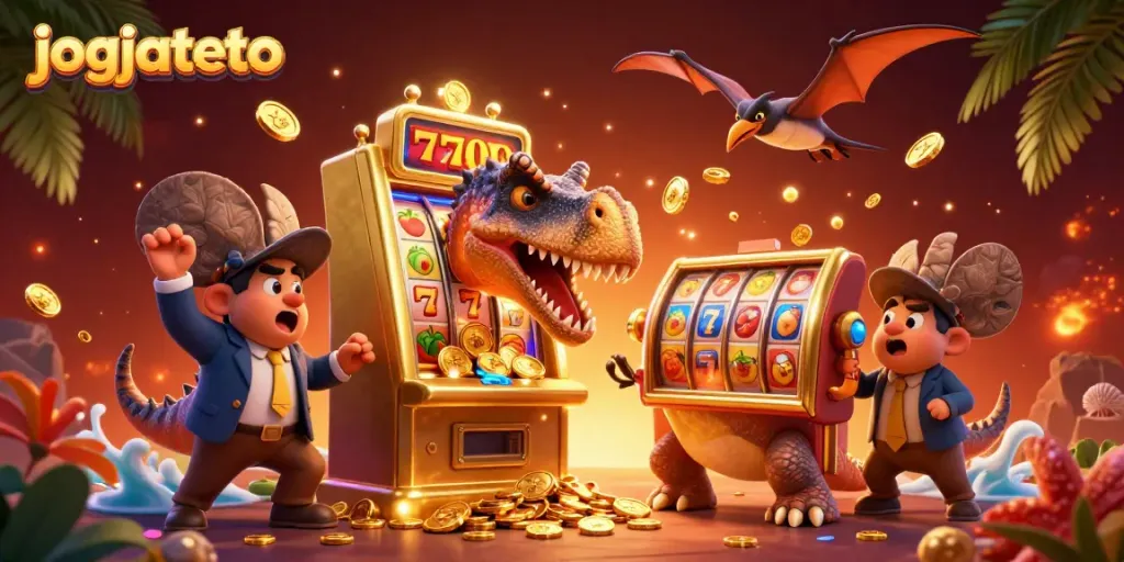 Experience the excitement of jogjatoto with a vibrant scene of jackpot-winning dinosaurs and dynamic casino elements.