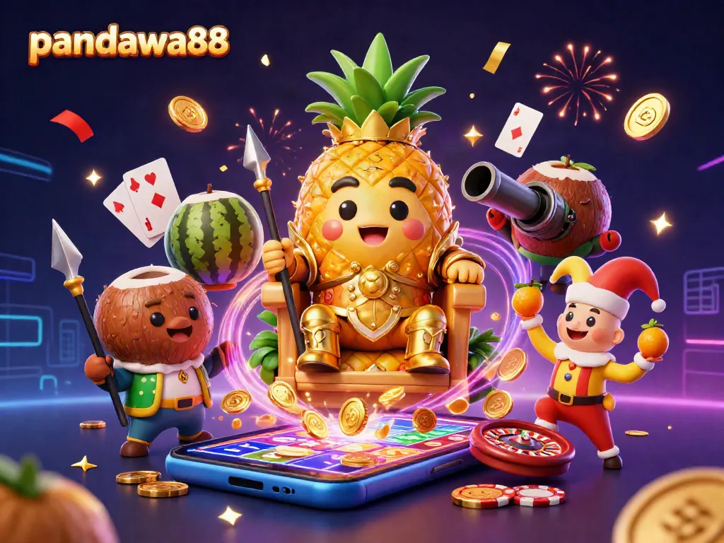 Pandawa88 mengajak pemain merasakan keseruan permainan kasino dengan raja nanas dan badut yang lucu.