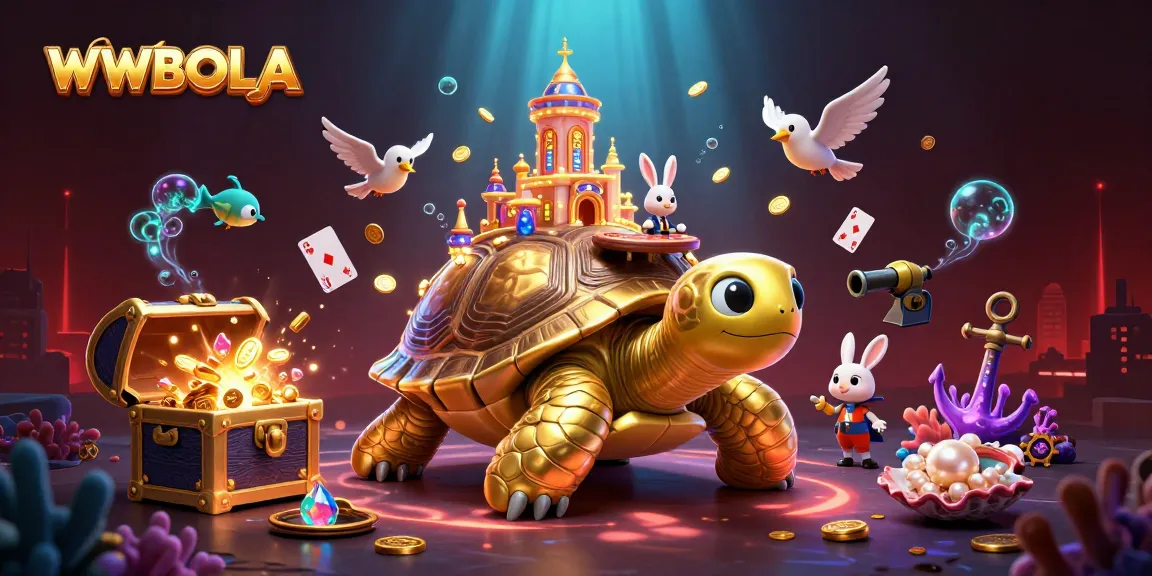 Deskripsi ilustrasi 3D WWBOLA yang menampilkan kura-kura emas dengan kasino mini di atasnya dan dealer kelinci.