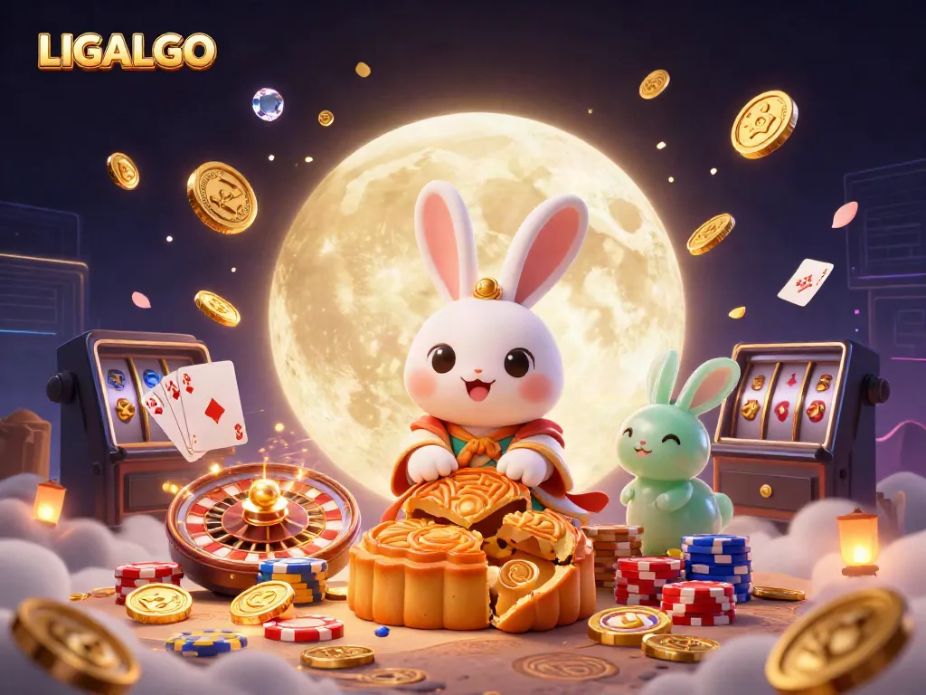 Experience thrilling wins at LIGALGO with a vibrant 3D scene of a moon rabbit playing casino games.