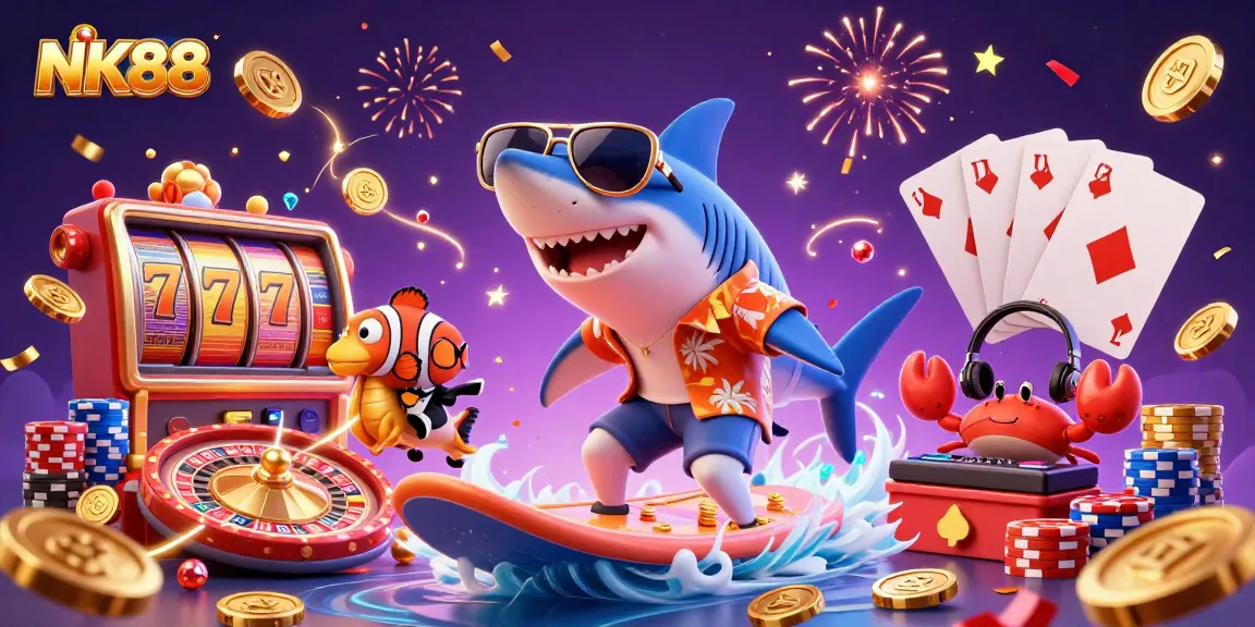 Experience the thrill at NK88 with a vivid cartoon illustration of a shark surfing on gold coins!