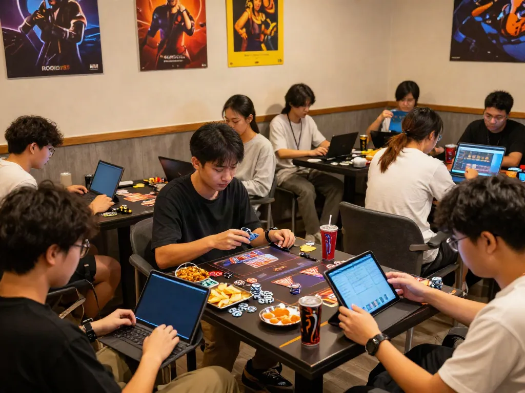 Engaged players enjoying various games on ROKOK88 platform in a cozy lounge.