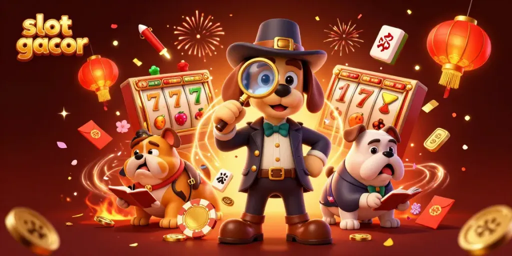 Ilustrasi slot gacor menunjukkan detektif anjing dengan chip poker dan komponen mesin slot yang berkilauan.