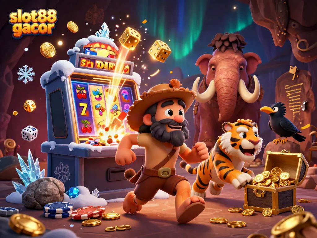 Experience the thrill of slot88 gacor in this vibrant, detailed prehistoric casino scene.