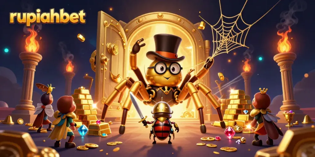 Engage with rupiahbet's exciting casino adventures featuring a golden tarantula and treasures.