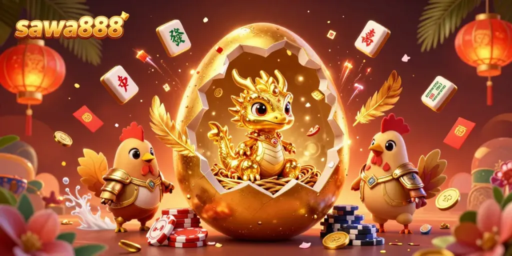Experience the excitement of sawa888 with a golden dragon, poker chips, and festive casino elements.