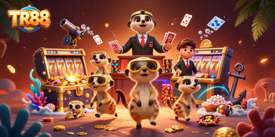 TR88 meerkats engaging in a vibrant casino scene with slot reels and dynamic gameplay elements