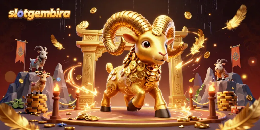 Experience the thrill of slotgembira with a vibrant illustration showcasing golden elements and energetic gameplay.