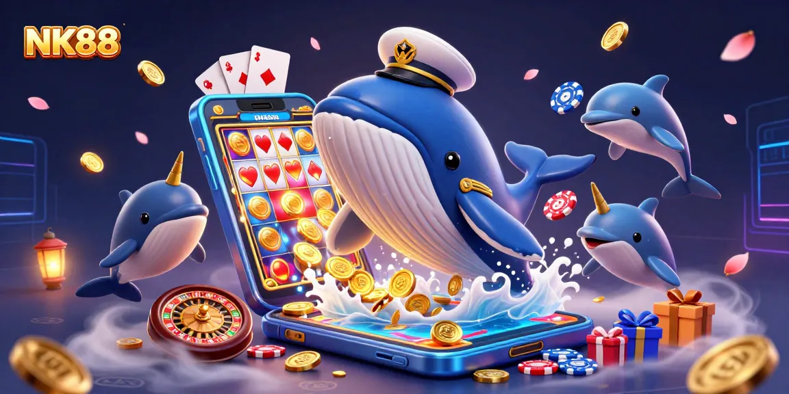 Experience NK88's thrilling world of gaming with a playful scene of sea creatures and casino elements.