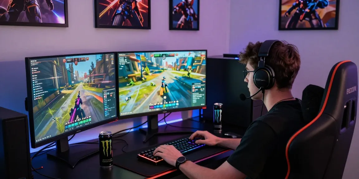 Pengalaman bermain sniperslot dengan gamer fokus di depan monitor dan peralatan gaming canggih.
