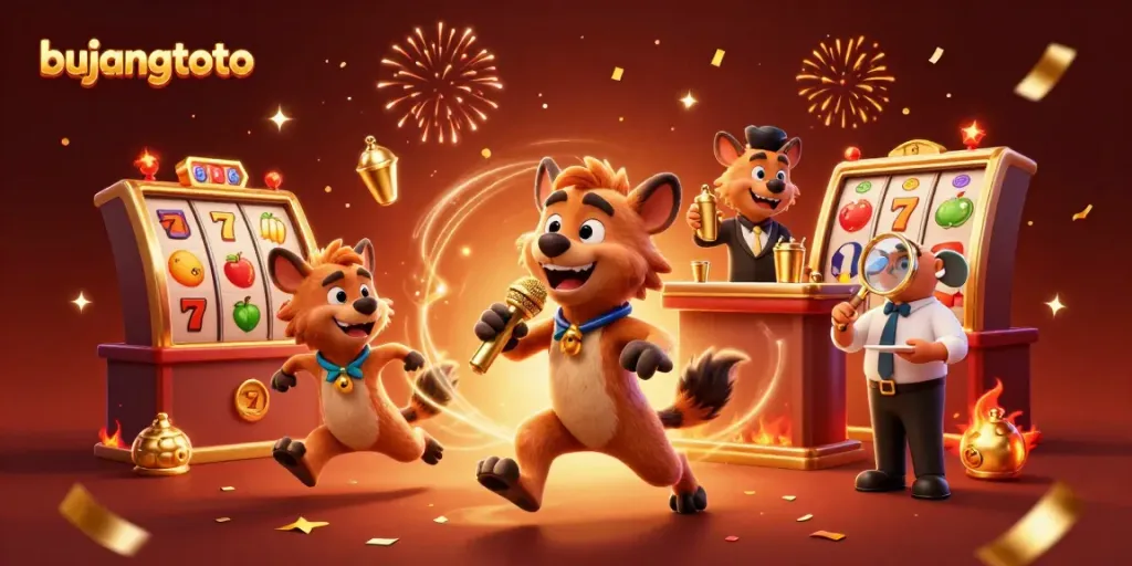Bujangtoto hyenas entertain in a vibrant casino scene with slots and colorful animations.